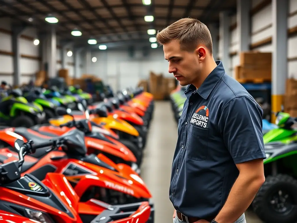 A professional photograph of a Hellenic Moto Imports team member inspecting a newly arrived shipment of ATVs at a warehouse.